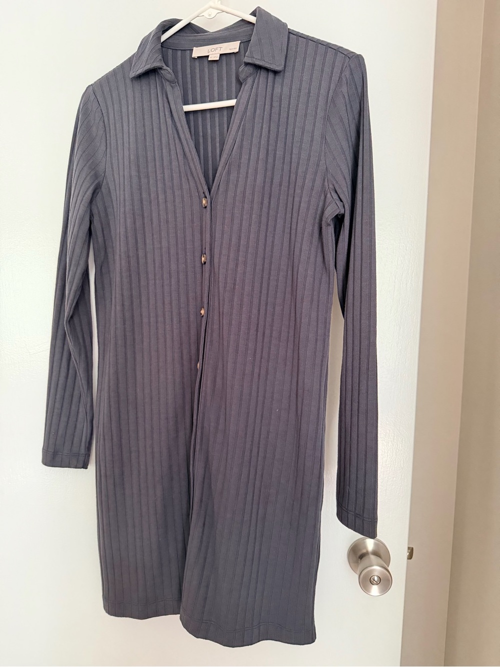 LOFT Ribbed Button-Front Dress in Charcoal